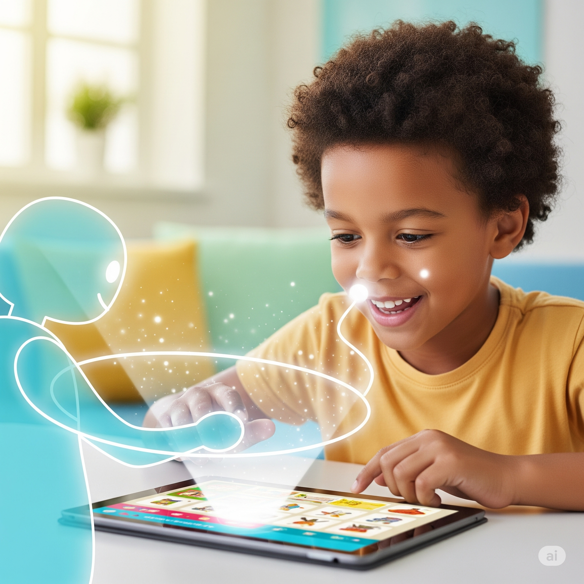 Ilustração de um robô amigável (Agente de IA) ao lado de uma criança, mostrando gráficos de progresso e elementos de jogos educativos.