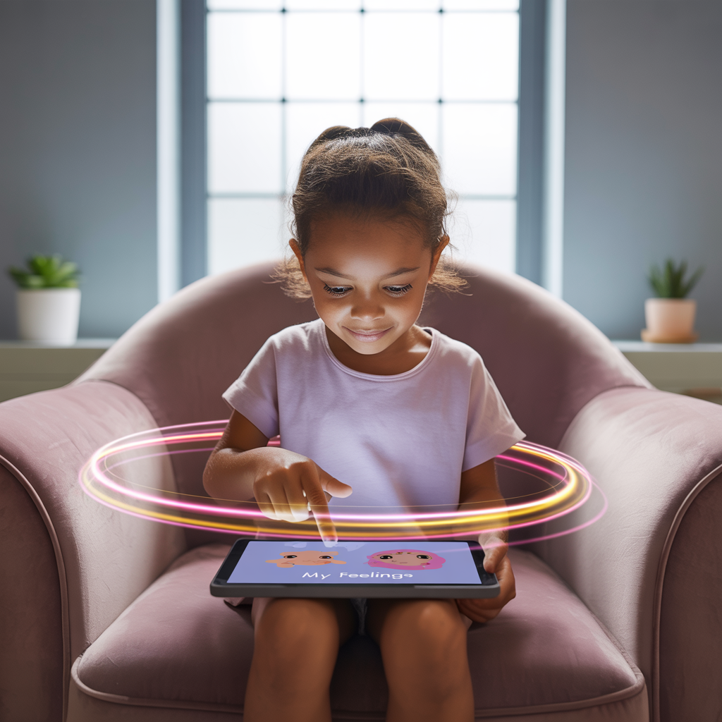 Ilustração de uma criança usando diferentes formas de comunicação (ícones, desenhos, texto) que são interpretadas por um sistema de IA e transformadas em relatórios.