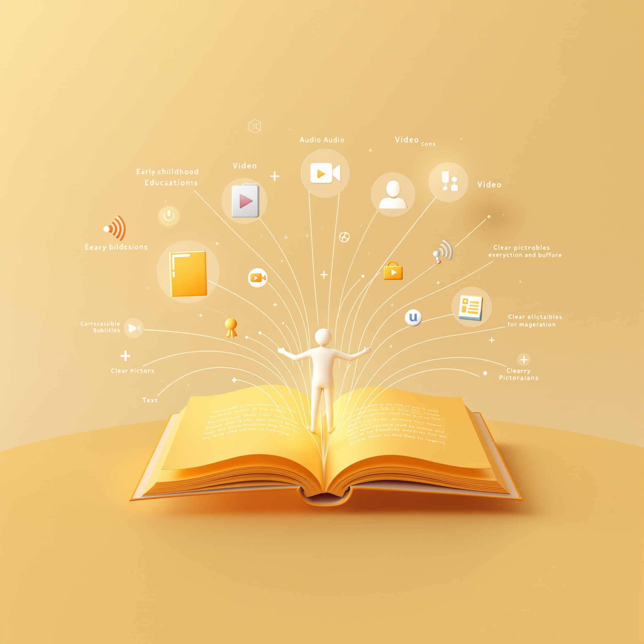 Ilustração conceitual de um livro aberto do qual saem ícones de áudio, pictogramas e texto simplificado, demonstrando a adaptação de conteúdo.