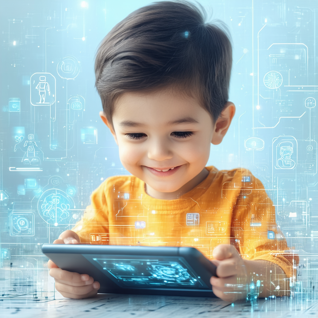 Foto de um menino sorrindo enquanto usa um tablet, com uma sobreposição de gráficos de tecnologia e inteligência artificial.