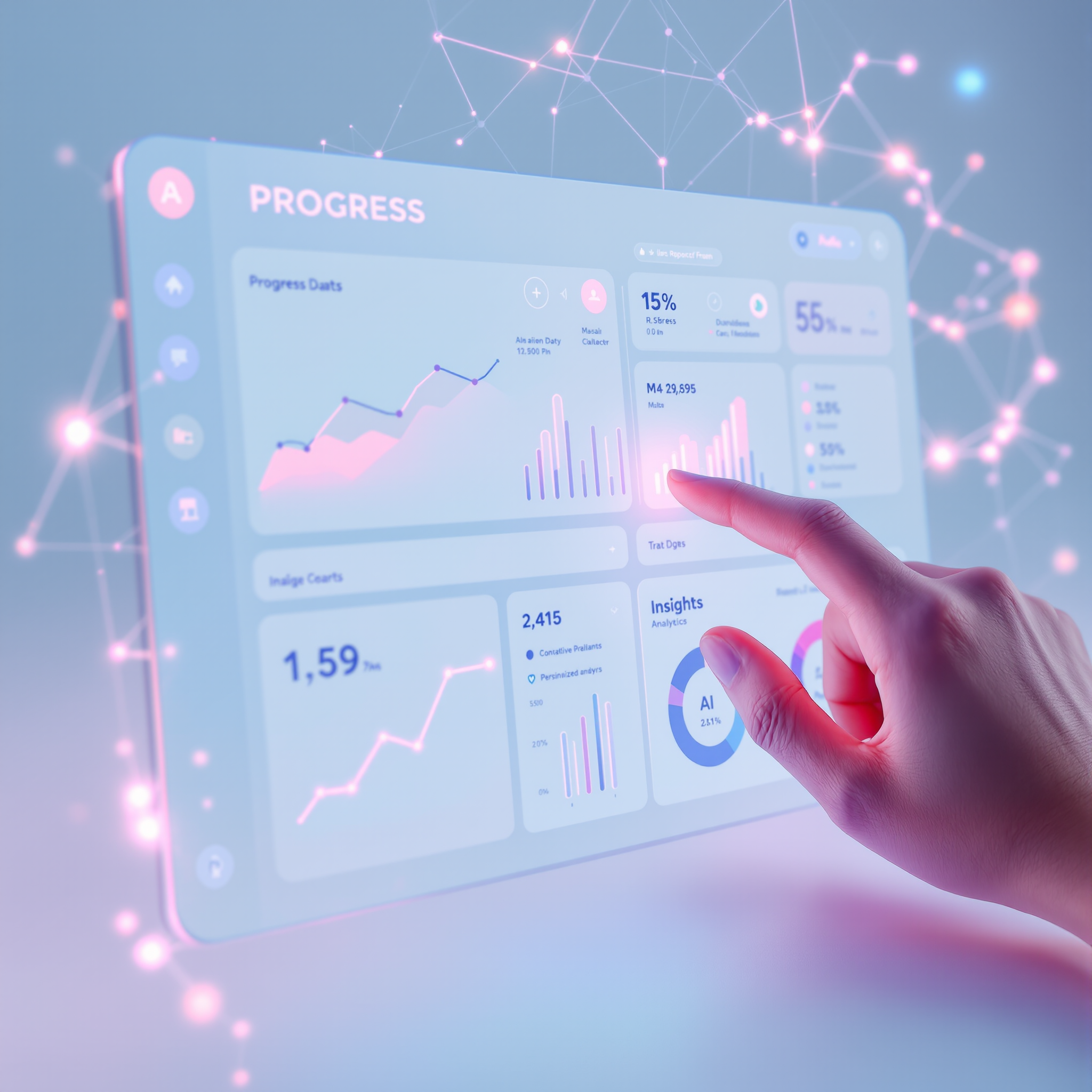 Gráficos e dashboards mostrando o progresso da criança, com insights gerados por IA para pais e professores.
